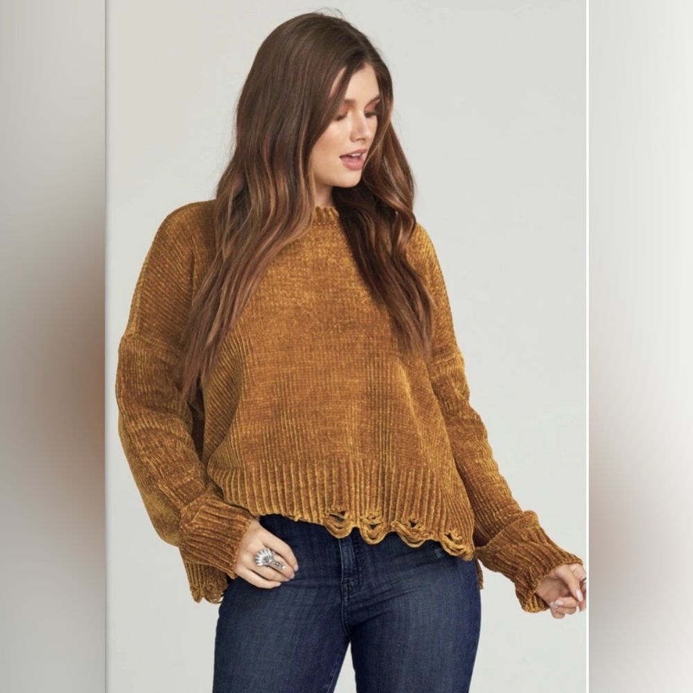 EUC Show Me Your MuMu Fringed Fawn Ochre Chenille Sweater - Picture 2 of 10